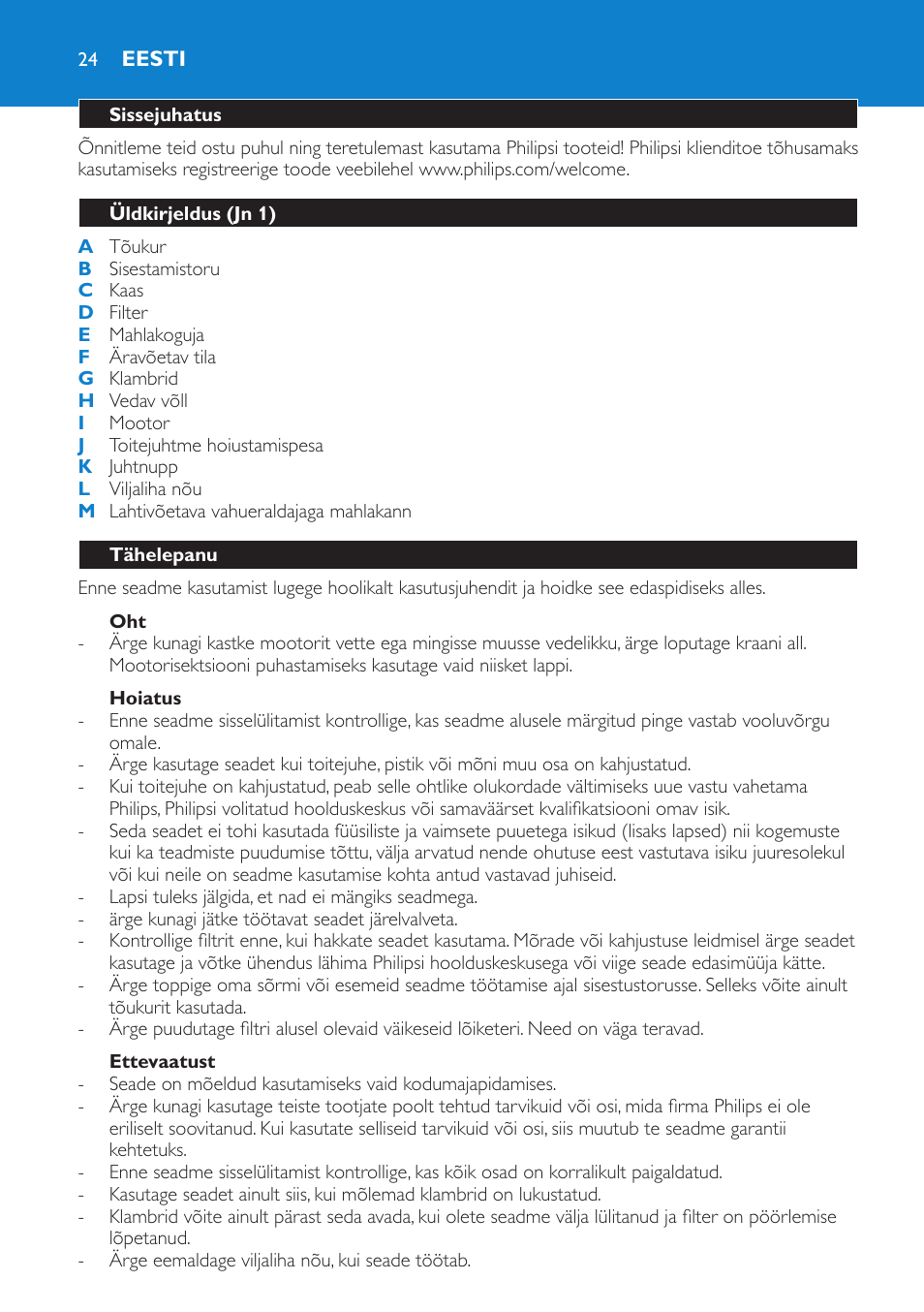 Eesti, Sissejuhatus, Üldkirjeldus (jn 1) | Tähelepanu, Hoiatus, Ettevaatust | Philips HR1851 User Manual | Page 24 / 106
