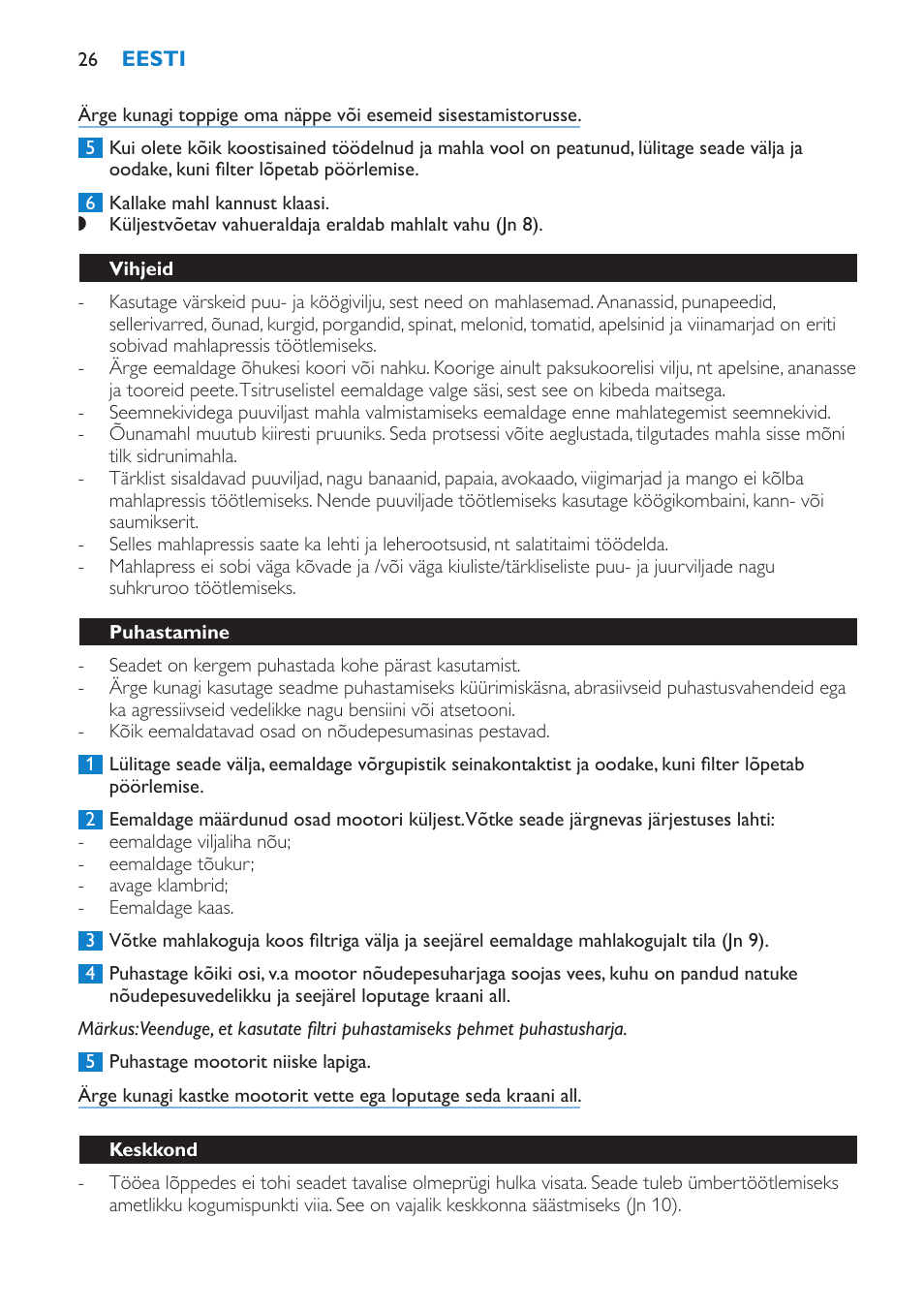 Vihjeid, Puhastamine, Keskkond | Philips HR1851 User Manual | Page 26 / 106