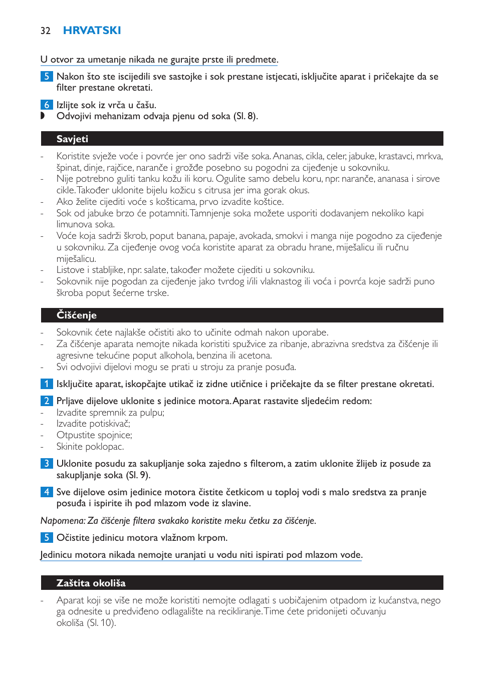 Savjeti, Čišćenje, Zaštita okoliša | Philips HR1851 User Manual | Page 32 / 106