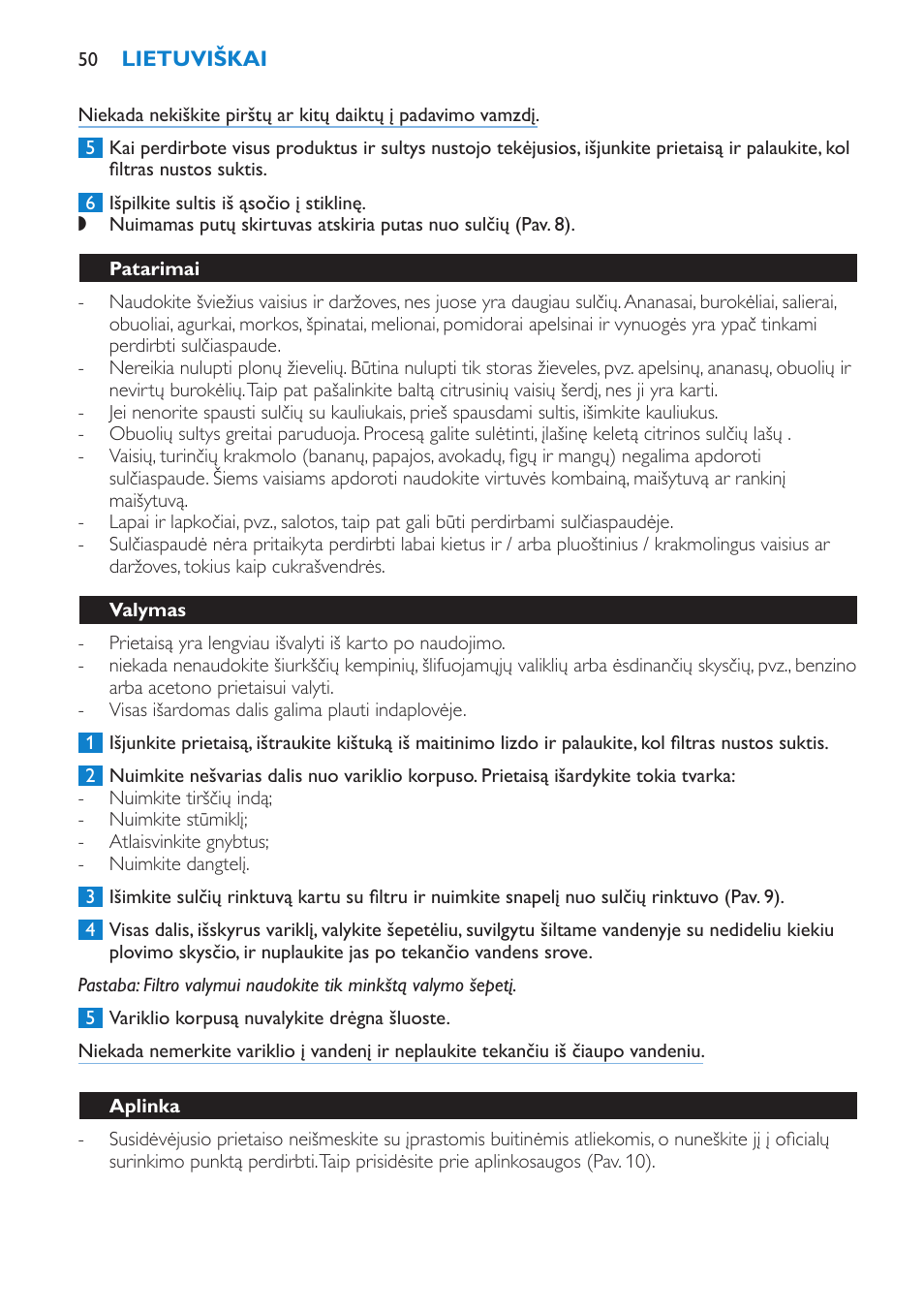 Patarimai, Valymas, Aplinka | Garantija ir techninė priežiūra | Philips HR1851 User Manual | Page 50 / 106