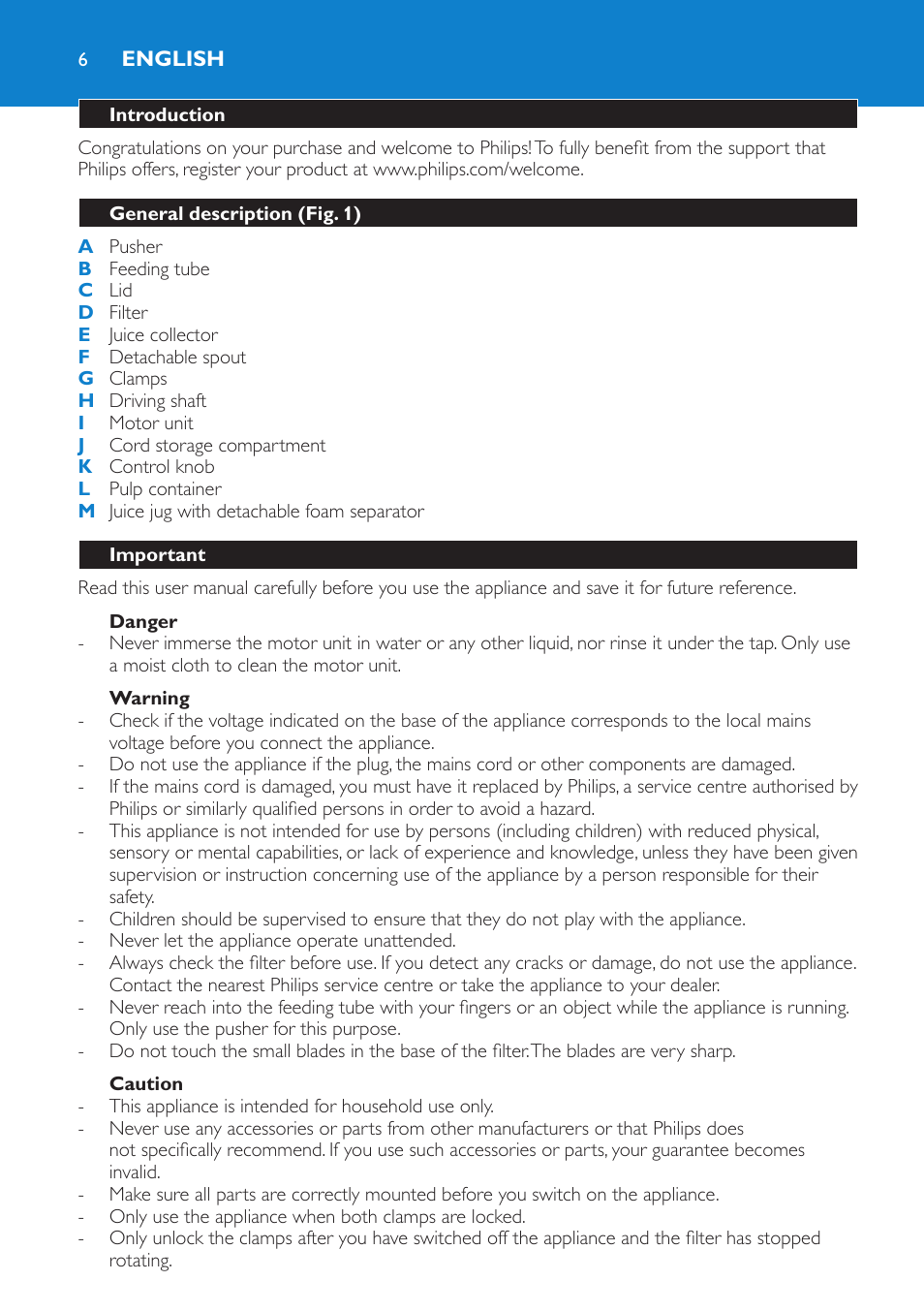 English, Introduction, General description (fig. 1) | Important, Danger, Warning, Caution | Philips HR1851 User Manual | Page 6 / 106
