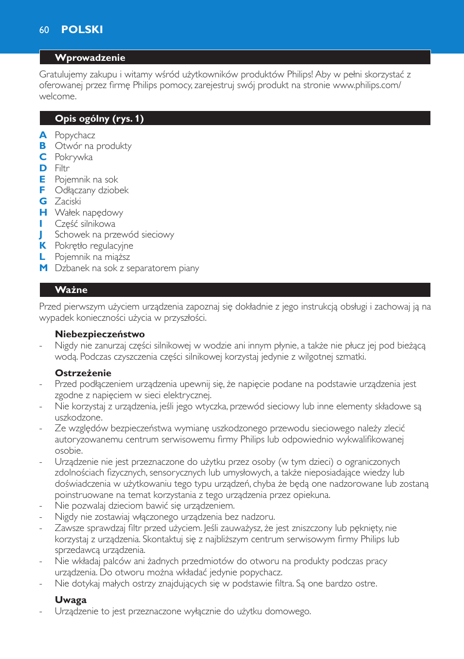 Polski, Wprowadzenie, Opis ogólny (rys. 1) | Ważne, Niebezpieczeństwo, Ostrzeżenie, Uwaga | Philips HR1851 User Manual | Page 60 / 106