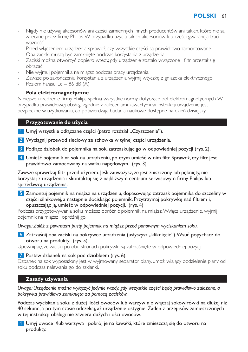 Pola elektromagnetyczne, Przygotowanie do użycia, Zasady używania | Philips HR1851 User Manual | Page 61 / 106