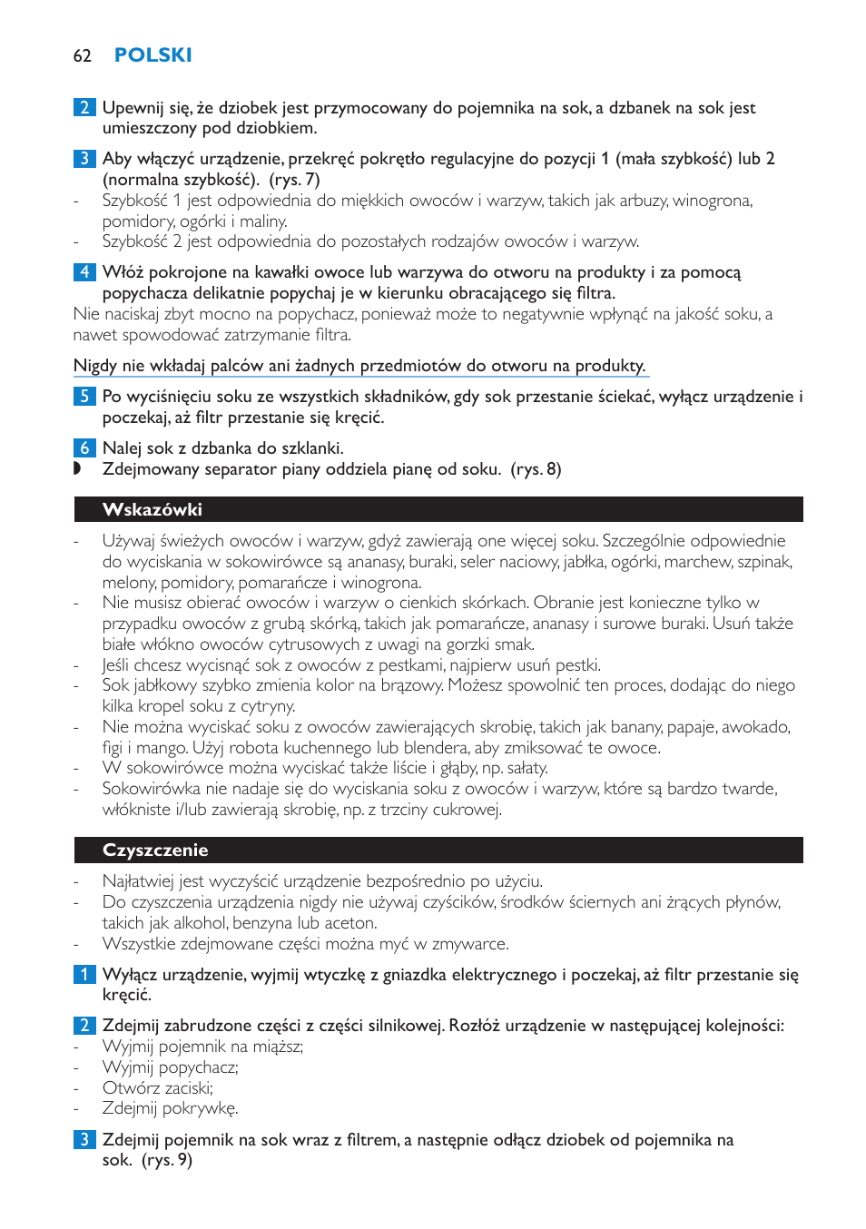Wskazówki, Czyszczenie | Philips HR1851 User Manual | Page 62 / 106