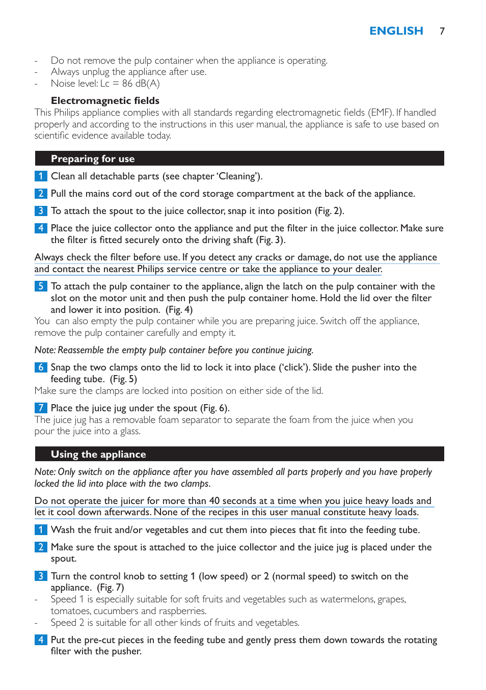 Electromagnetic fields, Preparing for use, Using the appliance | Philips HR1851 User Manual | Page 7 / 106
