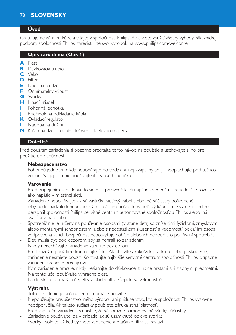 Slovensky, Úvod, Opis zariadenia (obr. 1) | Dôležité, Nebezpečenstvo, Varovanie, Výstraha | Philips HR1851 User Manual | Page 78 / 106