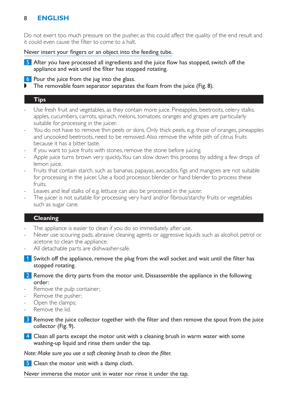 Tips, Cleaning | Philips HR1851 User Manual | Page 8 / 106