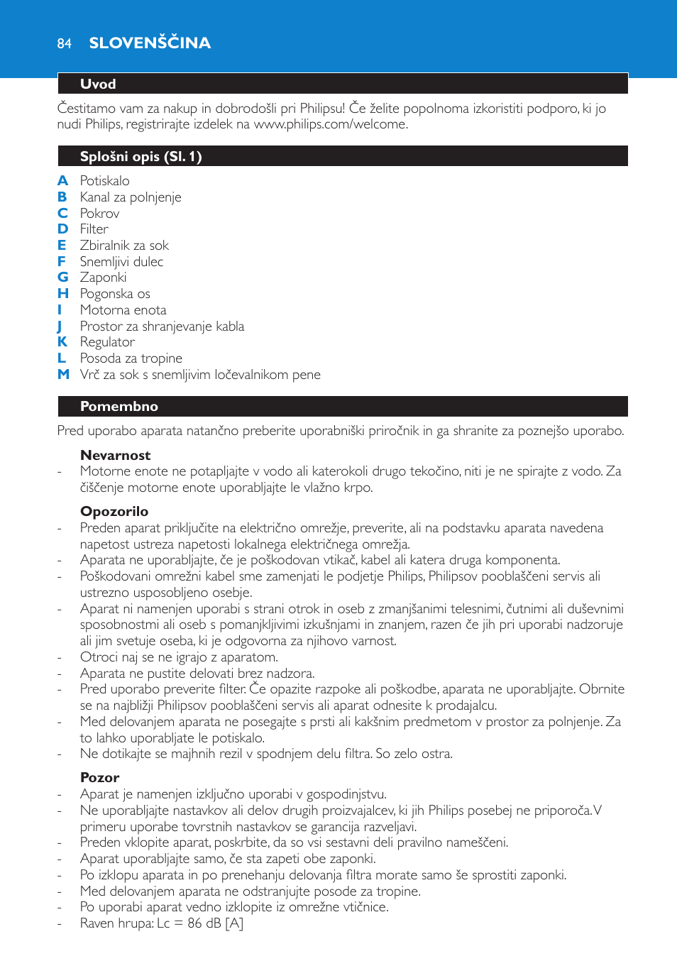 Slovenščina, Uvod, Splošni opis (sl. 1) | Pomembno, Nevarnost, Opozorilo, Pozor | Philips HR1851 User Manual | Page 84 / 106