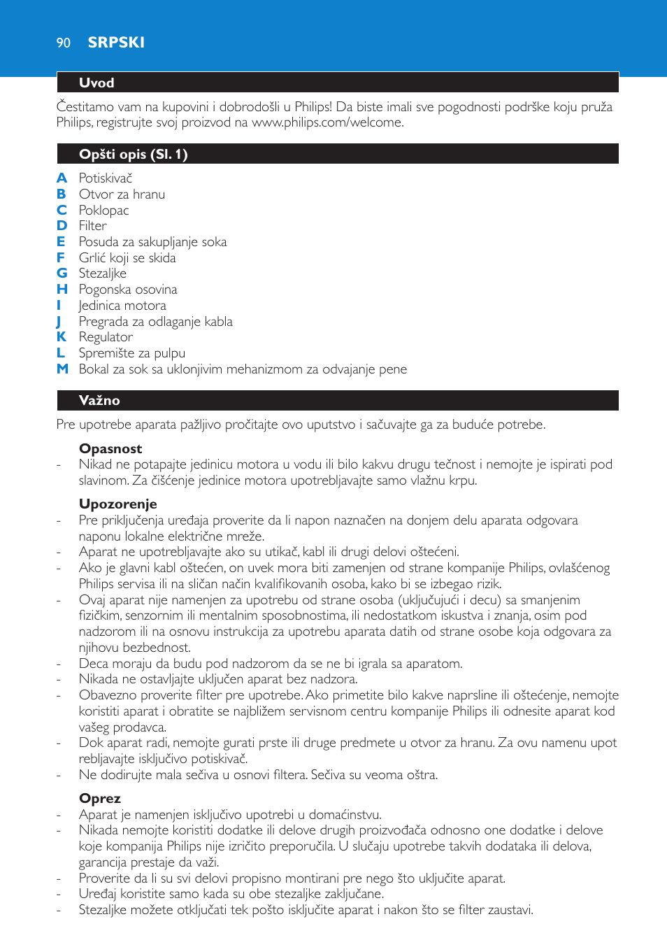 Srpski, Uvod, Opšti opis (sl. 1) | Važno, Opasnost, Upozorenje, Oprez | Philips HR1851 User Manual | Page 90 / 106