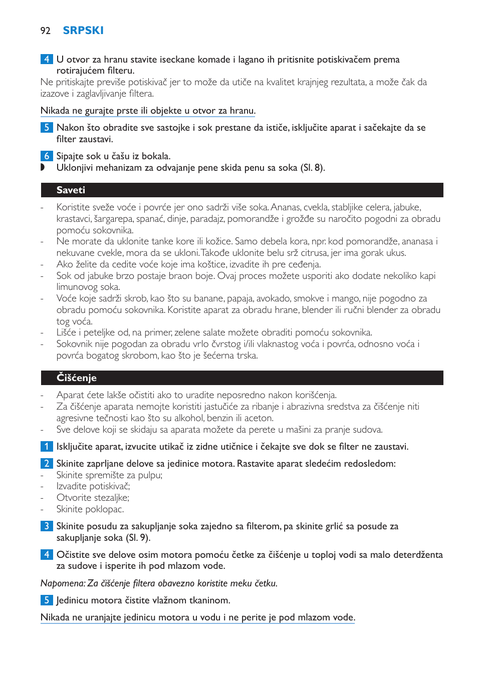 Saveti, Čišćenje | Philips HR1851 User Manual | Page 92 / 106