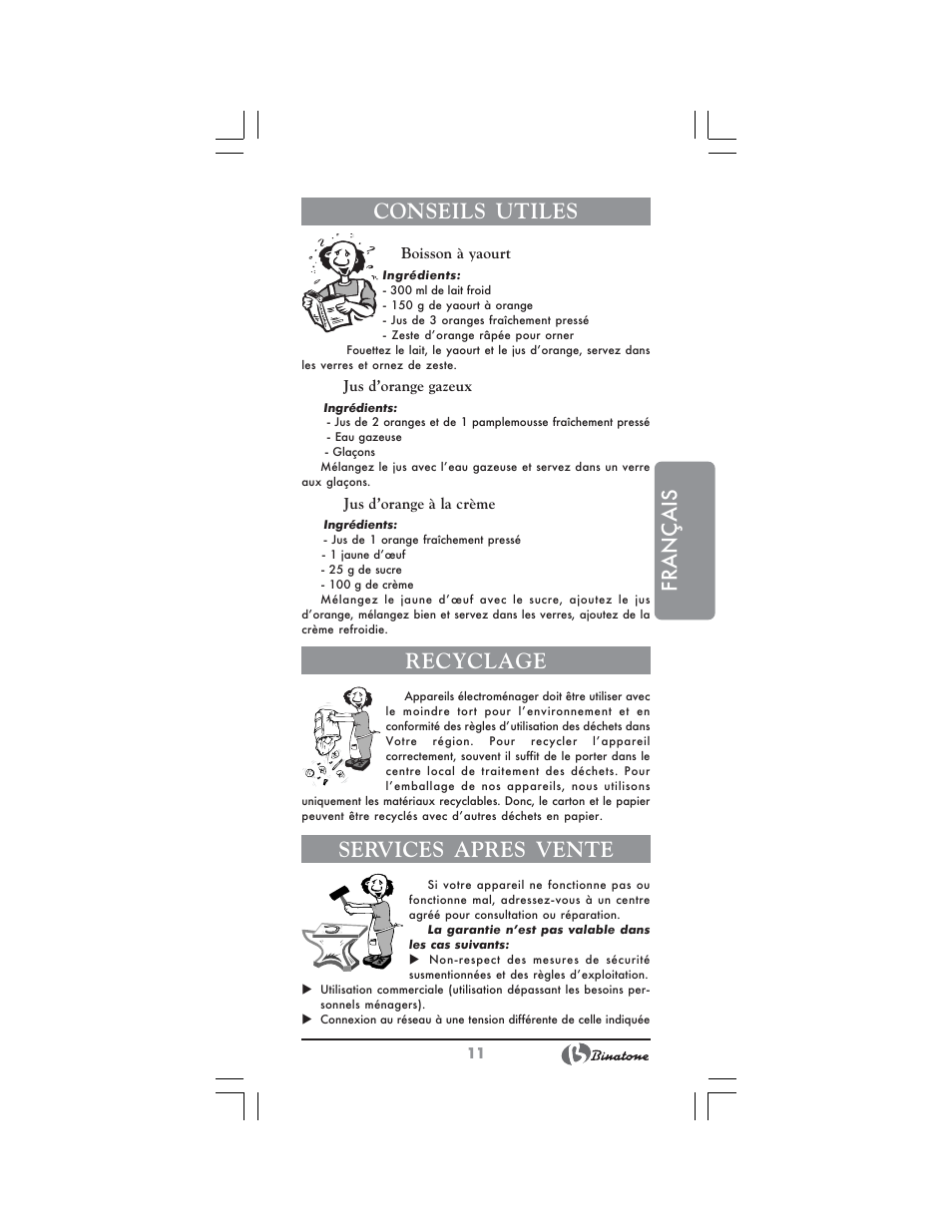 Français conseils utiles, Recyclage, Services apres vente | Binatone NCJ-7708 User Manual | Page 11 / 26