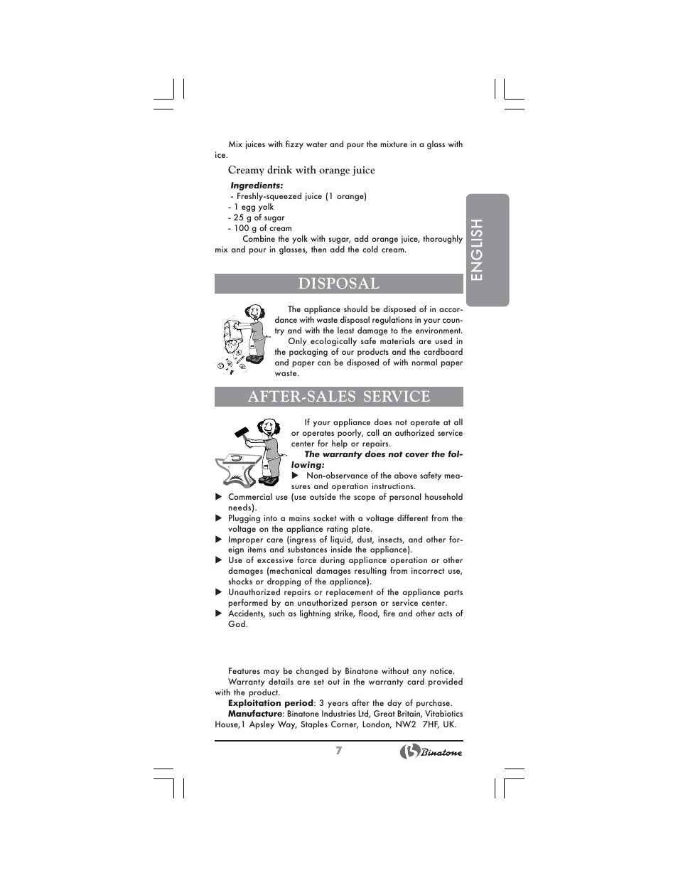 English, Disposal, After-sales service | Binatone NCJ-7708 User Manual | Page 7 / 26