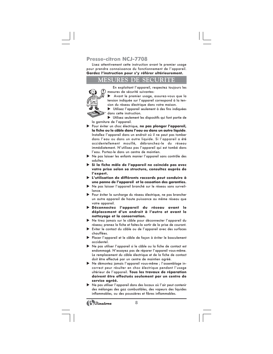 Mesures de securite, Presse citron ncj 7708 | Binatone NCJ-7708 User Manual | Page 8 / 26