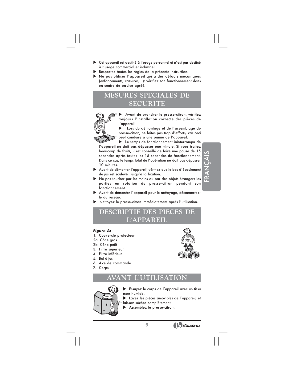 Français, Mesures speciales de securite, Descriptif des pieces de l’appareil | Avant l’utilisation | Binatone NCJ-7708 User Manual | Page 9 / 26