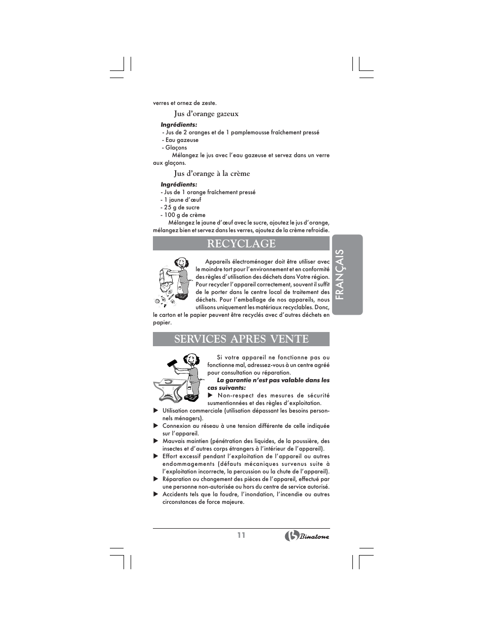 Français, Recyclage, Services apres vente | Binatone CJ-200 User Manual | Page 11 / 26