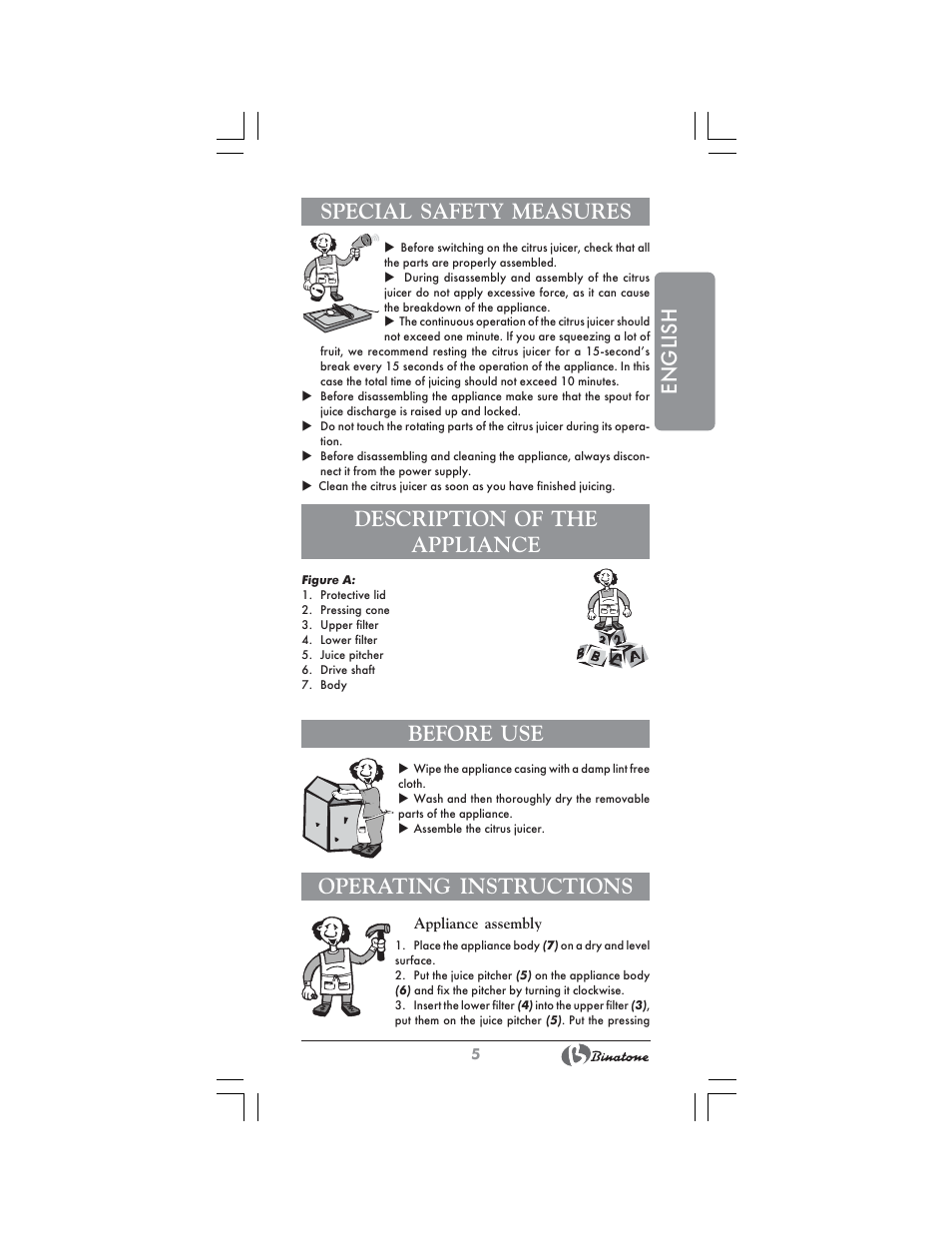 English special safety measures, Description of the appliance, Before use | Operating instructions | Binatone CJ-200 User Manual | Page 5 / 26