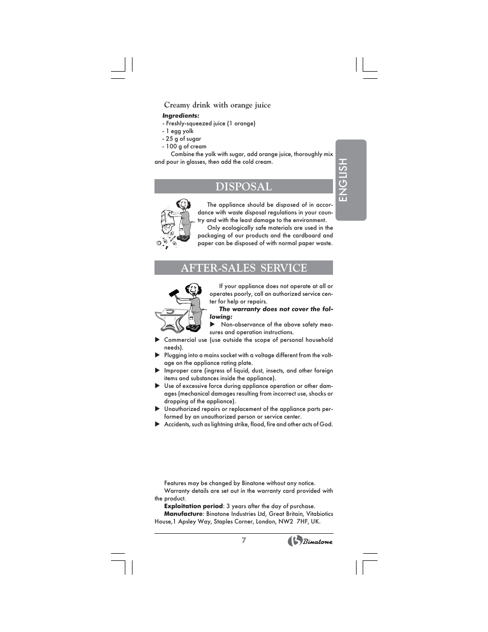 English, Disposal, After-sales service | Binatone CJ-200 User Manual | Page 7 / 26