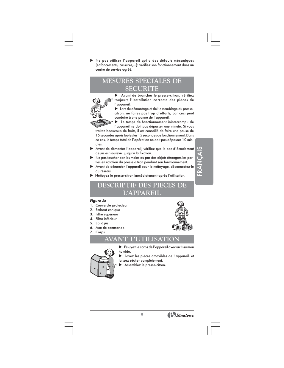 Français, Mesures speciales de securite, Descriptif des pieces de l’appareil | Avant l’utilisation | Binatone CJ-200 User Manual | Page 9 / 26