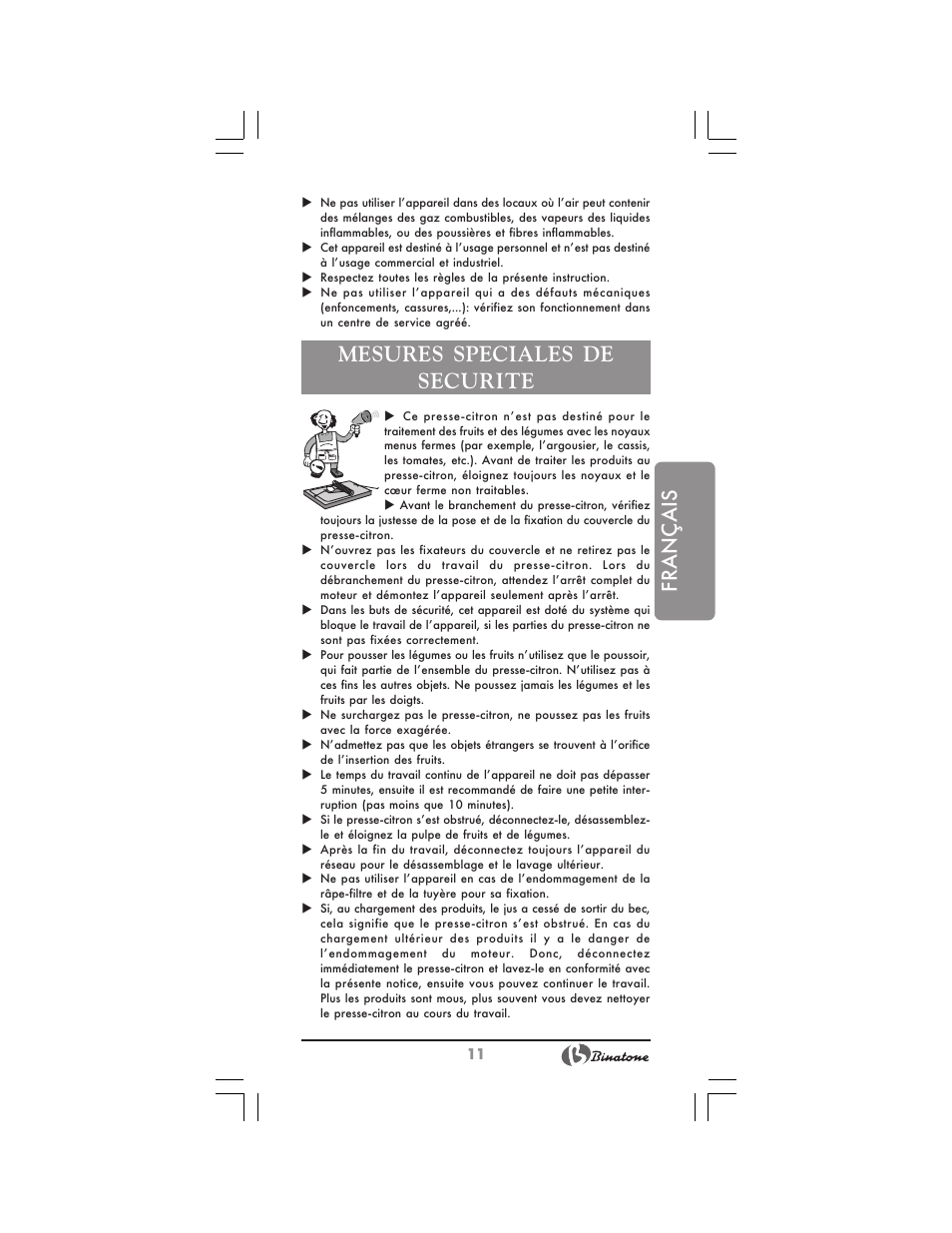 Français, Mesures speciales de securite | Binatone JE-8300 User Manual | Page 11 / 28