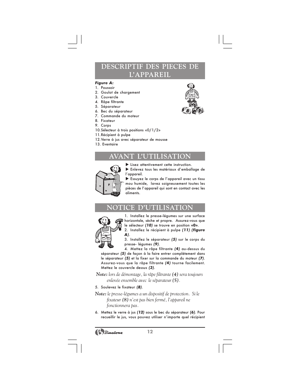 Descriptif des pieces de l’appareil, Avant l’utilisation, Notice d’utilisation | Binatone JE-8300 User Manual | Page 12 / 28