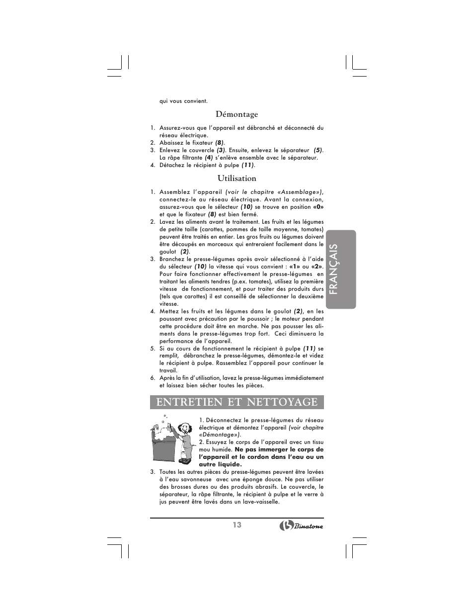 Français, Entretien et nettoyage, Démontage | Utilisation | Binatone JE-8300 User Manual | Page 13 / 28