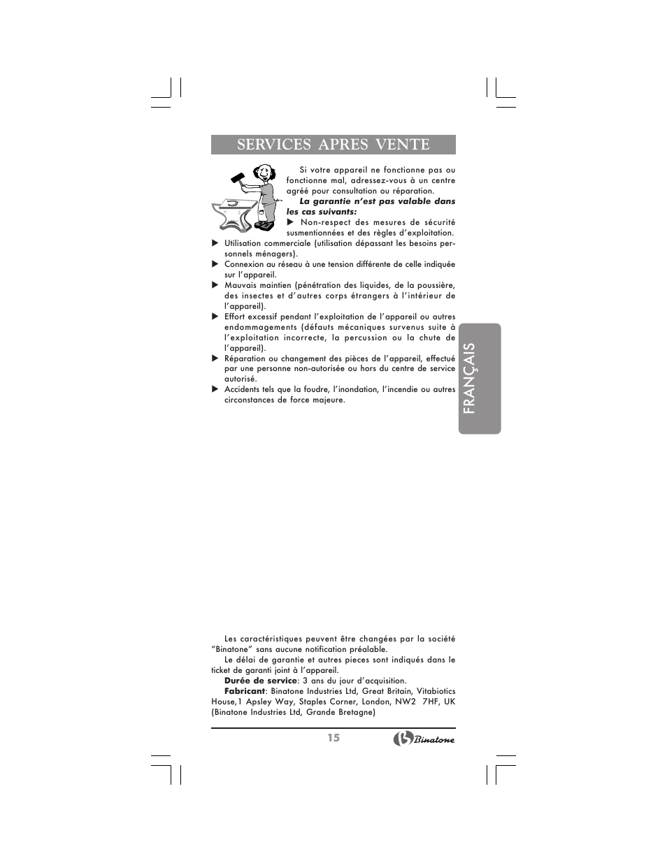 Français, Services apres vente | Binatone JE-8300 User Manual | Page 15 / 28