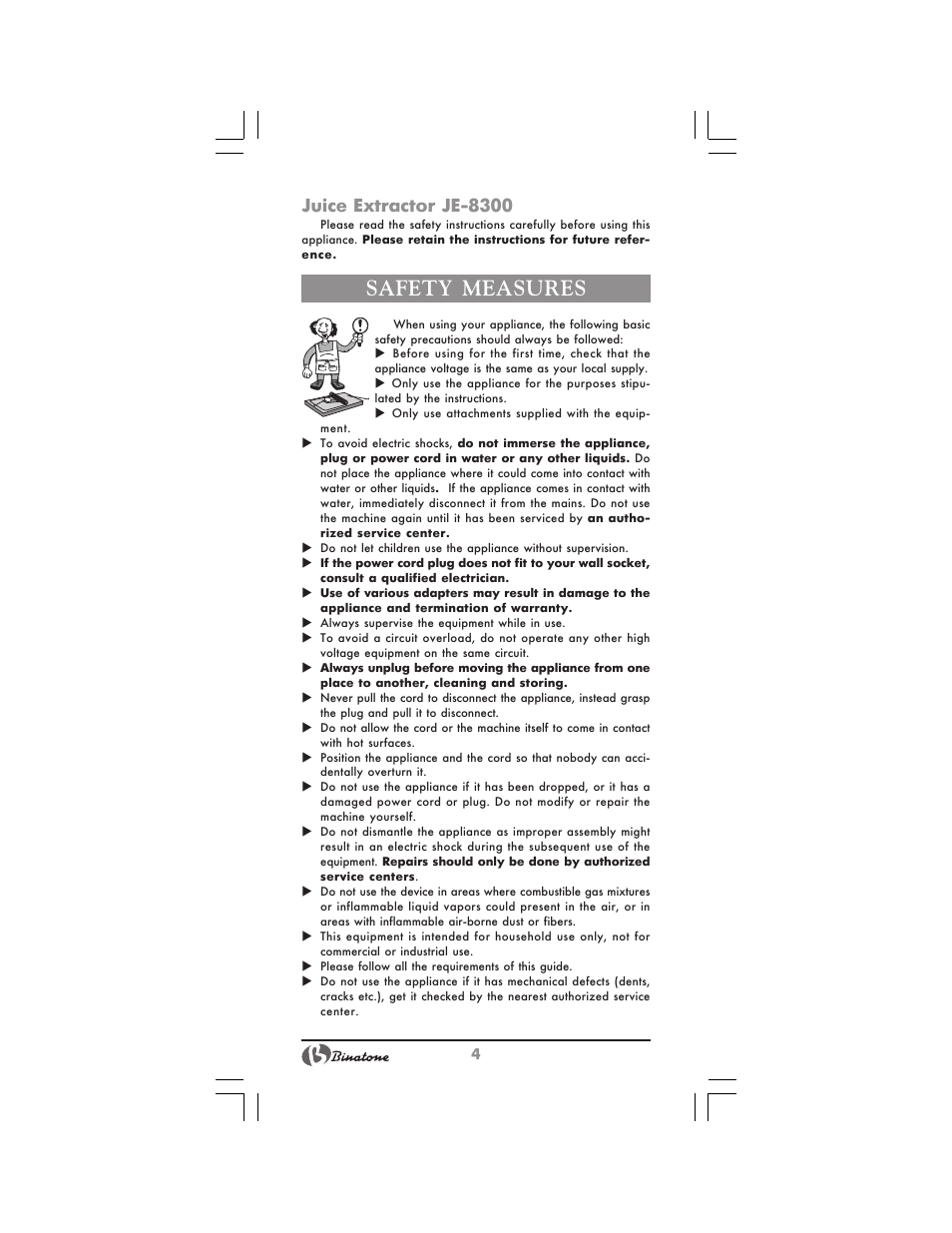 Safety measures, Juice extractor je 8300 | Binatone JE-8300 User Manual | Page 4 / 28
