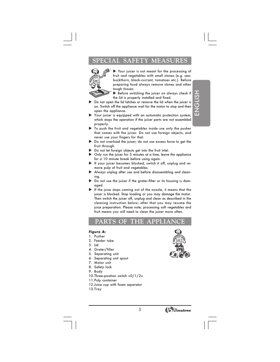English special safety measures, Parts of the appliance | Binatone JE-8300 User Manual | Page 5 / 28