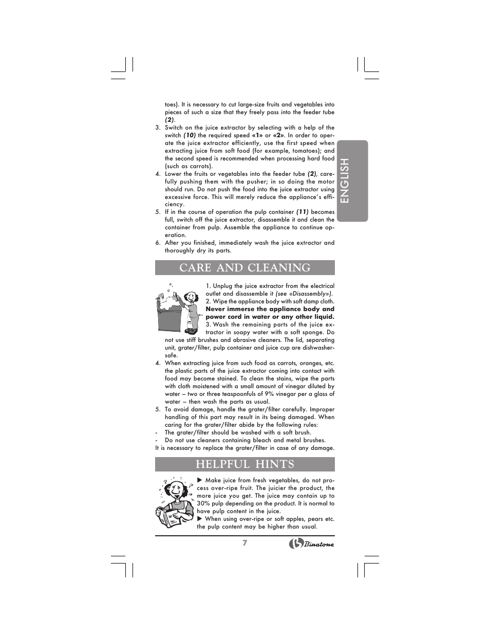 English, Care and cleaning, Helpful hints | Binatone JE-8300 User Manual | Page 7 / 28