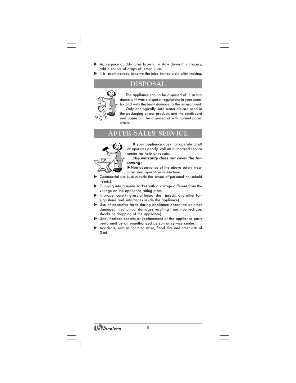 Disposal, After-sales service | Binatone JE-8300 User Manual | Page 8 / 28