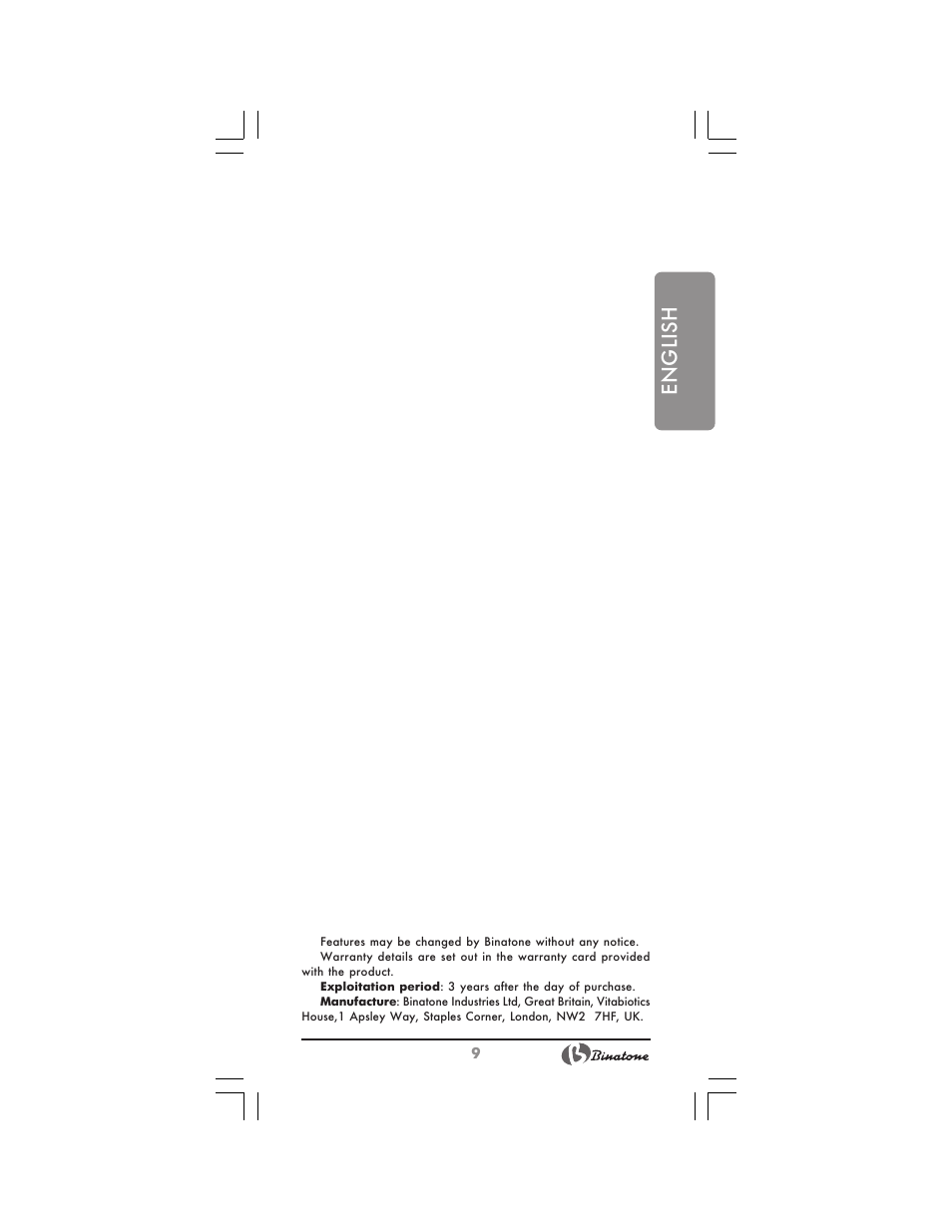 English | Binatone JE-8300 User Manual | Page 9 / 28