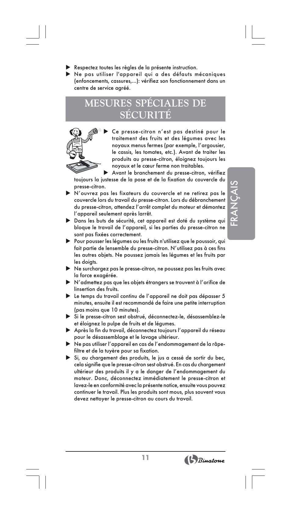 Français, Mesures spéciales de sécurité | Binatone JE-556 User Manual | Page 11 / 30