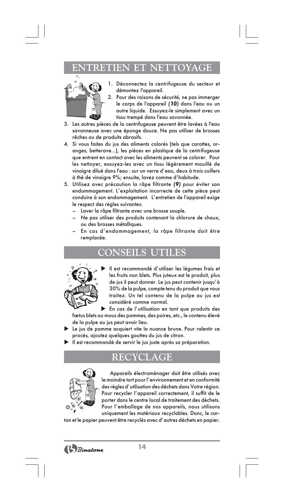 Entretien et nettoyage, Conseils utiles, Recyclage | Binatone JE-556 User Manual | Page 14 / 30