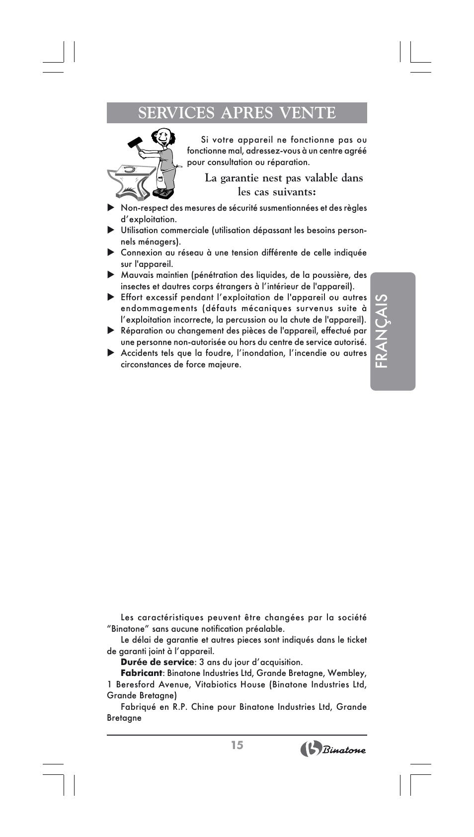 Français, Services apres vente | Binatone JE-556 User Manual | Page 15 / 30