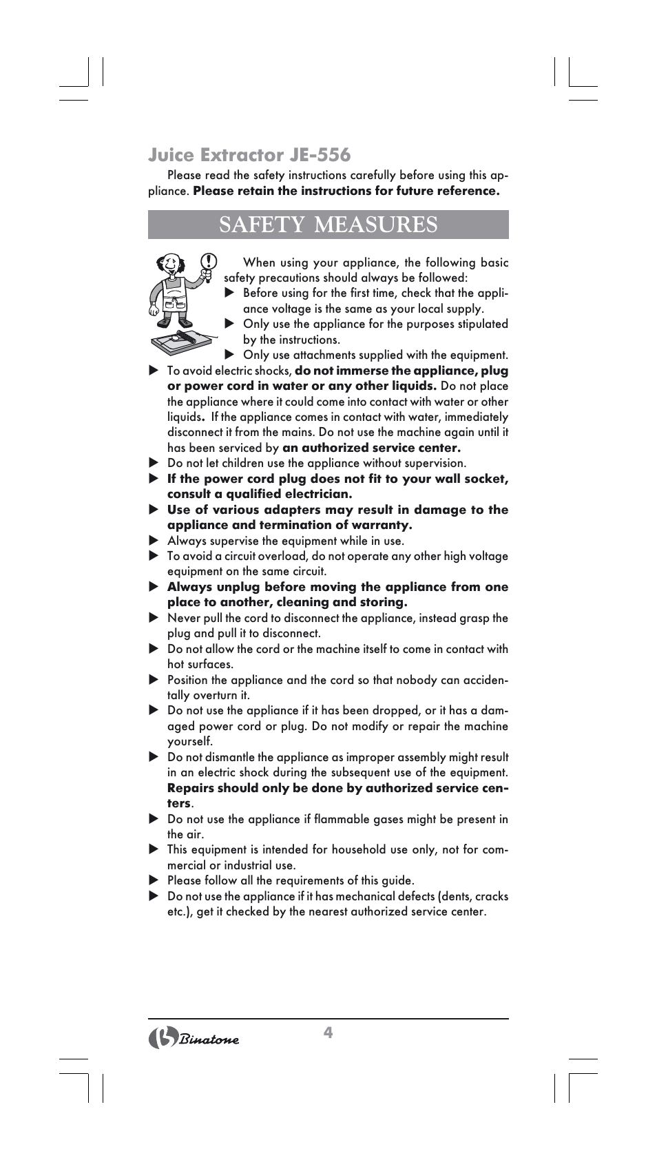 Safety measures, Juice extractor je-556 | Binatone JE-556 User Manual | Page 4 / 30