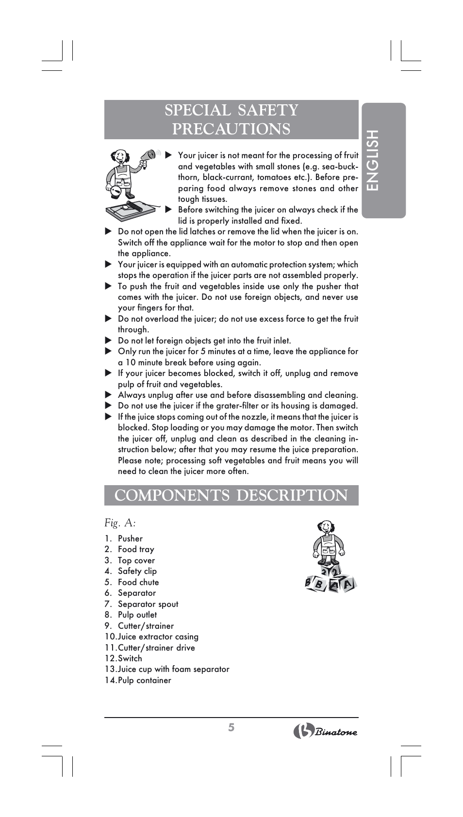 English special safety precautions, Components description | Binatone JE-556 User Manual | Page 5 / 30