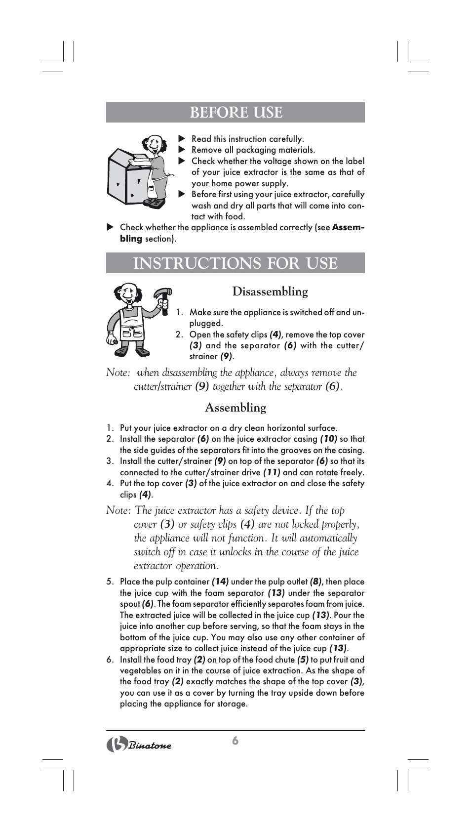 Before use, Instructions for use, Disassembling | Assembling | Binatone JE-556 User Manual | Page 6 / 30