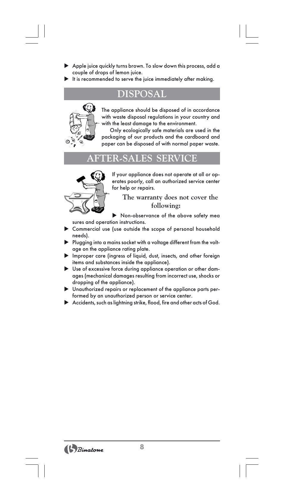 Disposal, After-sales service | Binatone JE-556 User Manual | Page 8 / 30