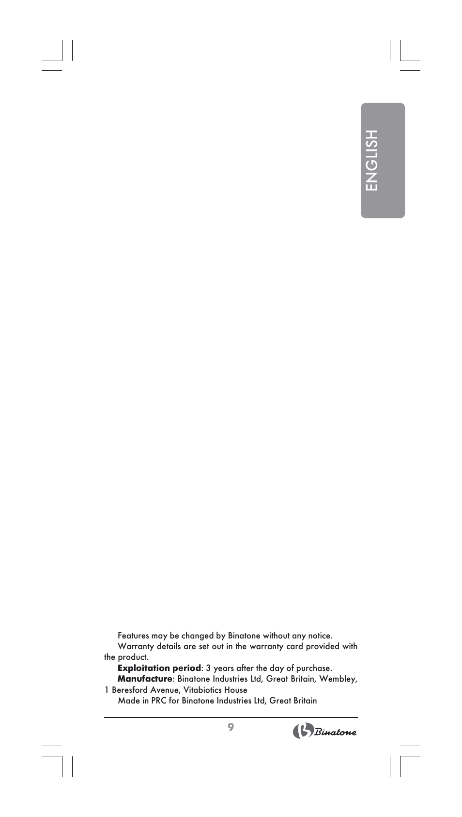 English | Binatone JE-556 User Manual | Page 9 / 30