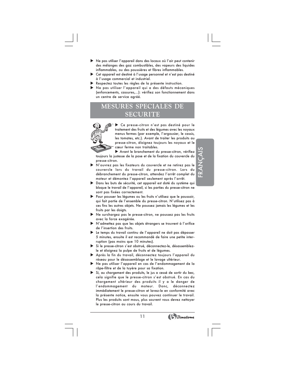 Français, Mesures speciales de securite | Binatone JE-8100 User Manual | Page 11 / 28