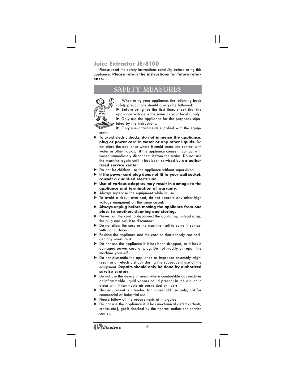 Safety measures, Juice extractor je-8100 | Binatone JE-8100 User Manual | Page 4 / 28