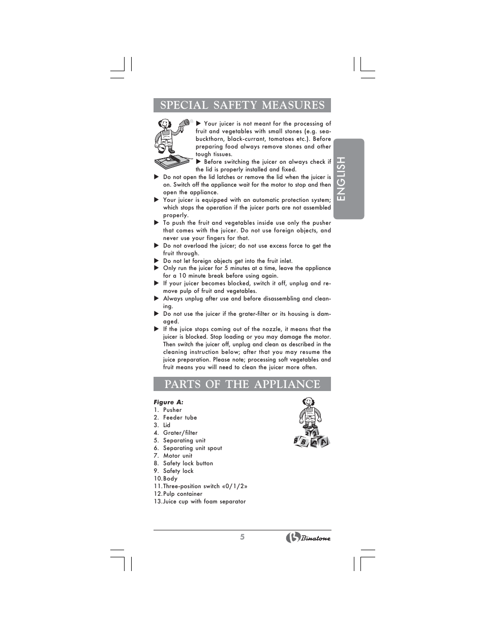 English special safety measures, Parts of the appliance | Binatone JE-8100 User Manual | Page 5 / 28