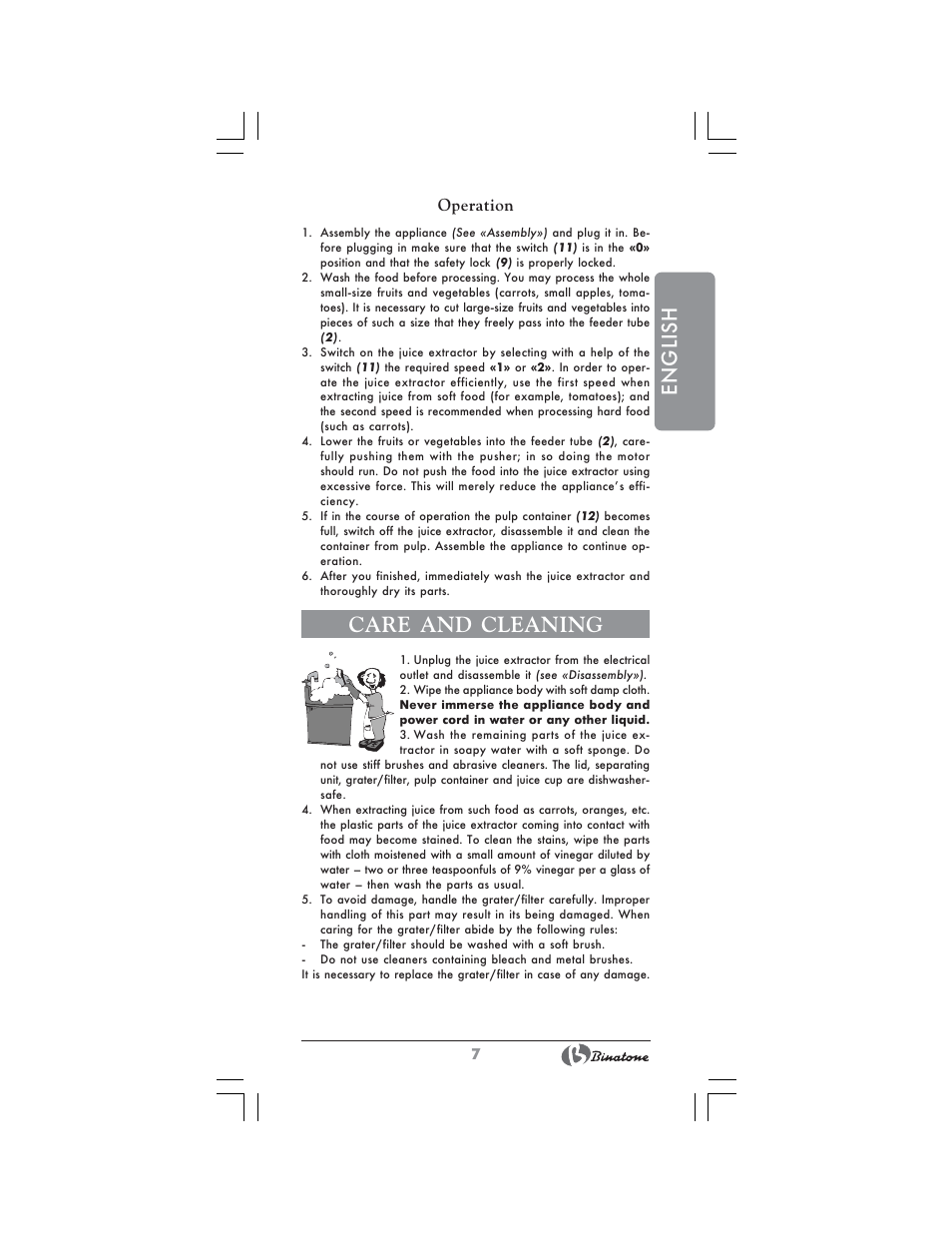 English, Care and cleaning, Operation | Binatone JE-8100 User Manual | Page 7 / 28