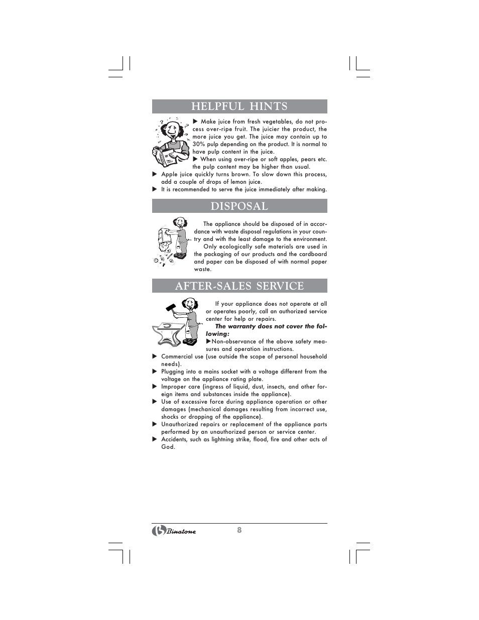 Helpful hints, Disposal, After-sales service | Binatone JE-8100 User Manual | Page 8 / 28