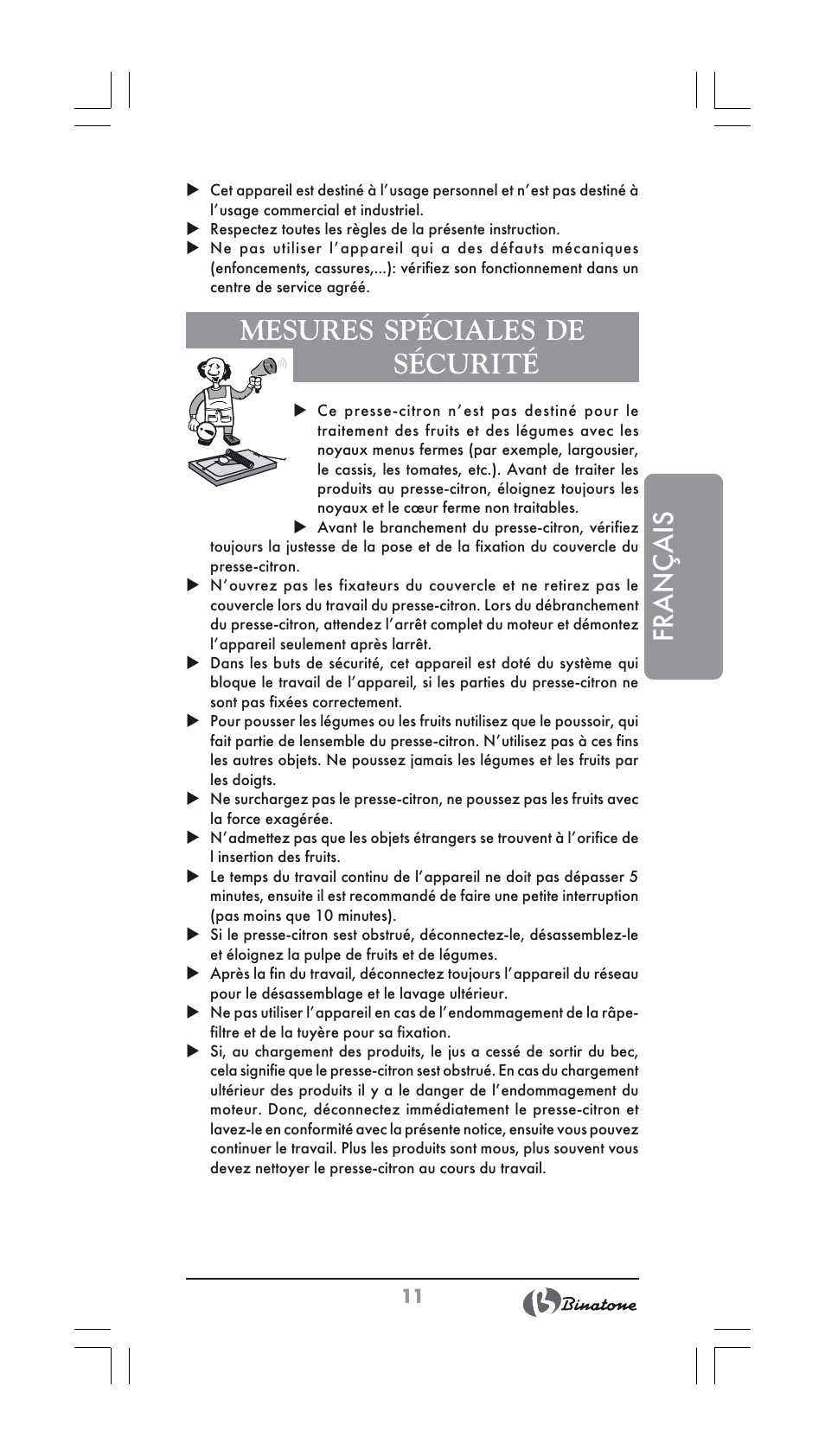 Français, Mesures spéciales de sécurité | Binatone JE-800 User Manual | Page 11 / 30