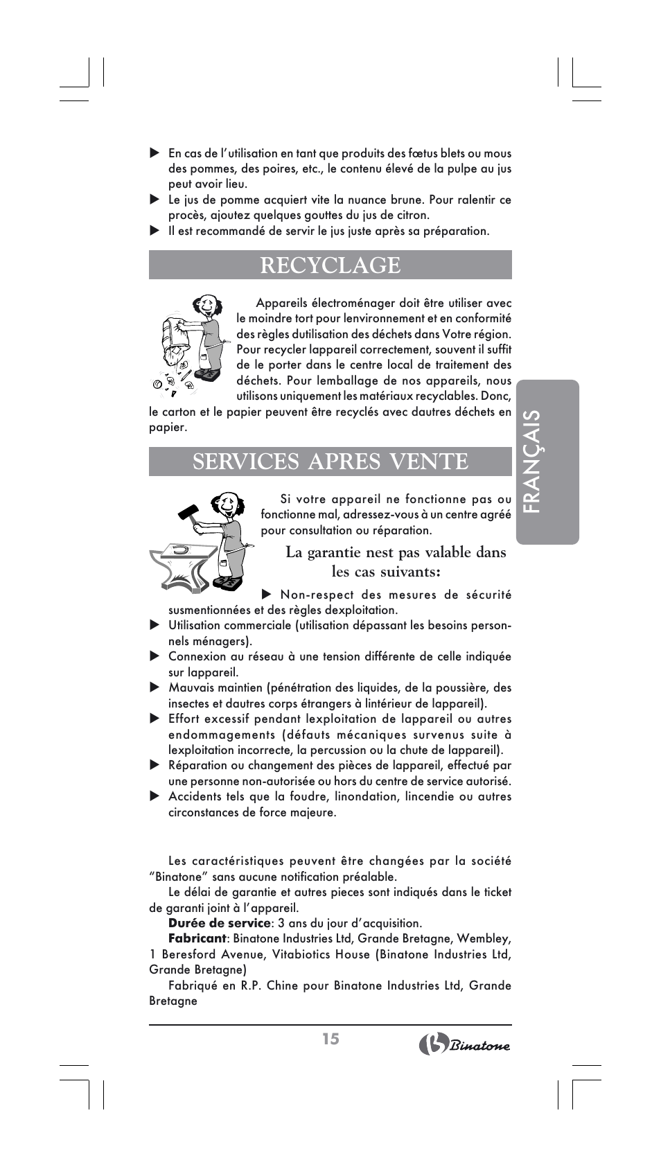 Français, Recyclage, Services apres vente | Binatone JE-800 User Manual | Page 15 / 30