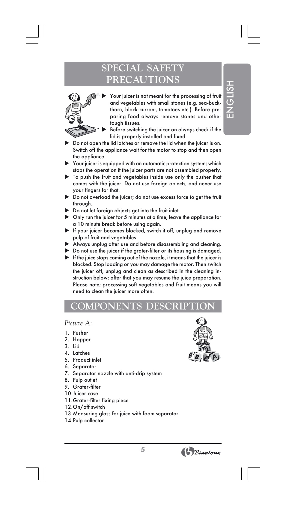 English special safety precautions, Components description | Binatone JE-800 User Manual | Page 5 / 30