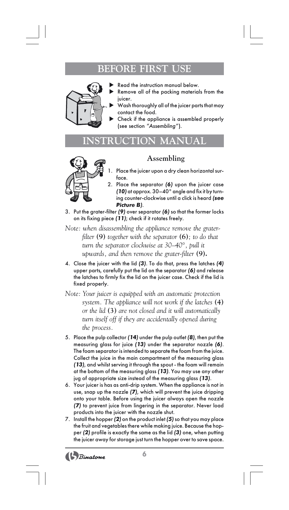 Before first use, Instruction manual, Assembling | Binatone JE-800 User Manual | Page 6 / 30