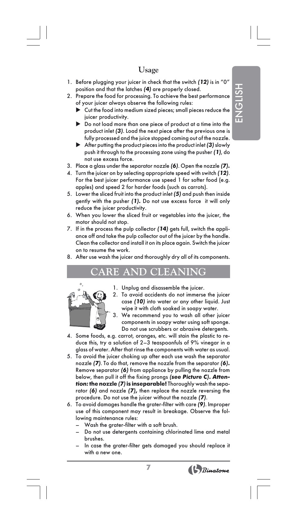 English, Care and cleaning, Usage | Binatone JE-800 User Manual | Page 7 / 30
