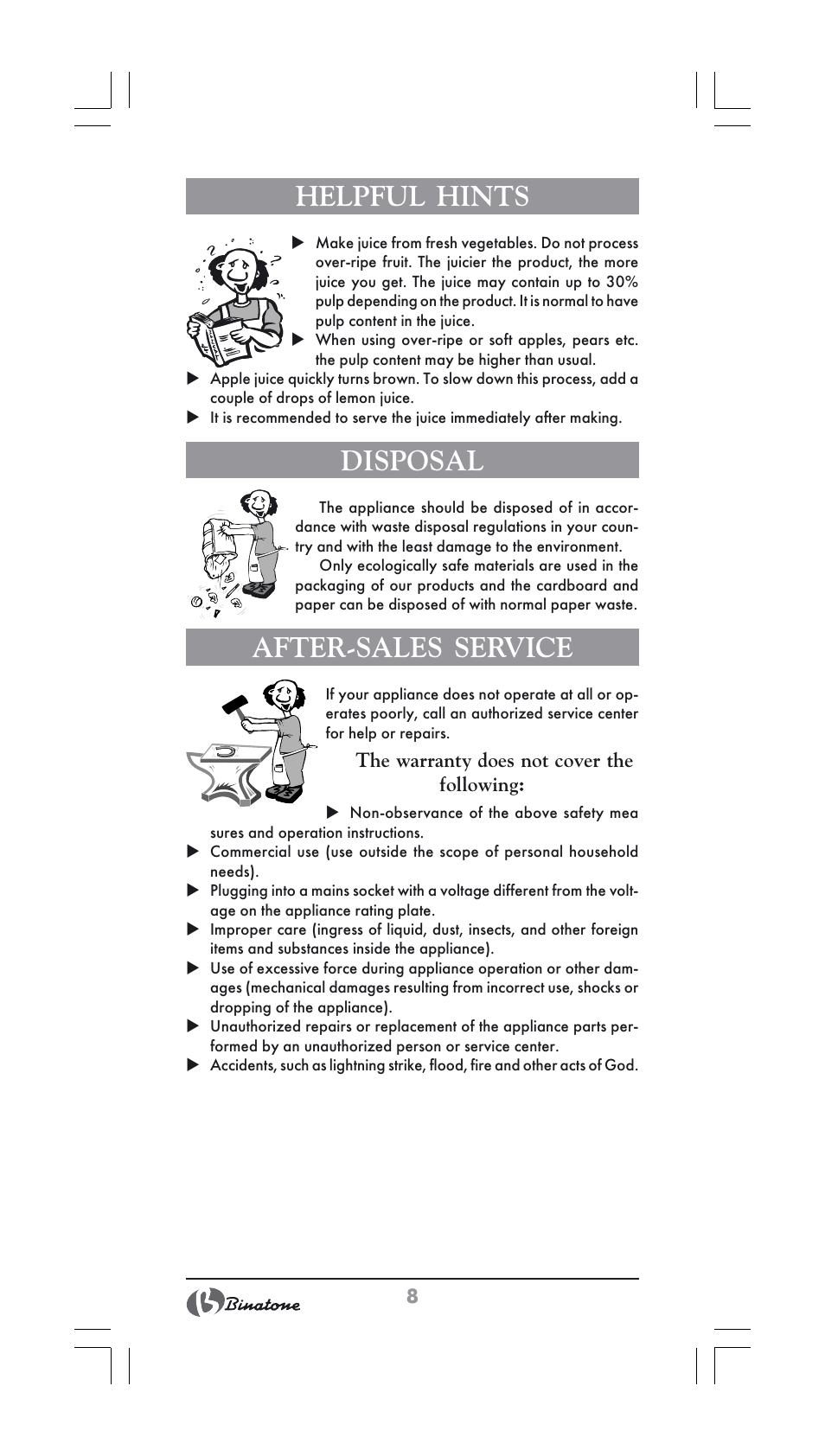 Helpful hints, Disposal, After-sales service | Binatone JE-800 User Manual | Page 8 / 30